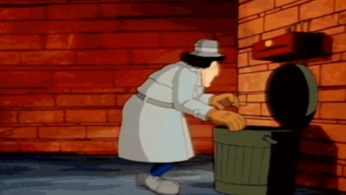 A Cartoon Character Is Throwing Something In A Trash Can GIF