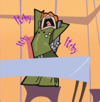 A Cartoon Character Is Tied Up With A Blue Tape And The Word Itchy Is Surrounding Him GIF