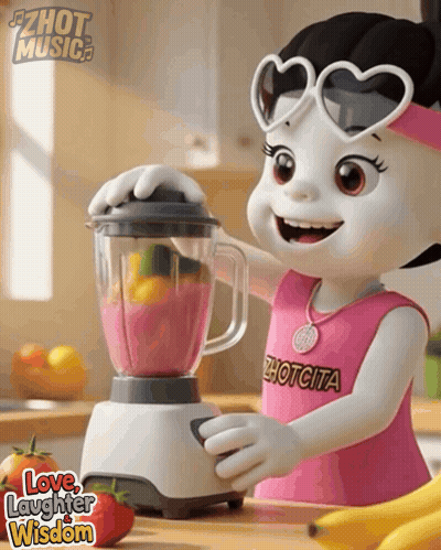A Cartoon Character Is Using A Blender With The Words Love Laughter Wisdom Written Below It GIF