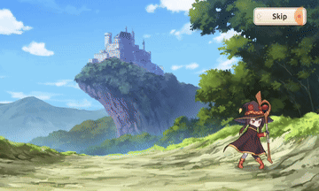 A Cartoon Character Is Walking Down A Dirt Road With A Castle In The Background And A Skip Button GIF