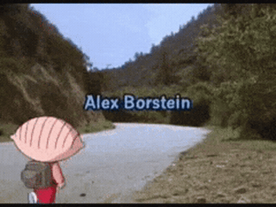 A Cartoon Character Is Walking Down A Road With The Name Alex Borstein On The Bottom GIF