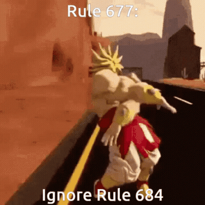 A Cartoon Character Is Walking Down A Road With The Words Rule 677 Ignore Rule 684 Below Him GIF