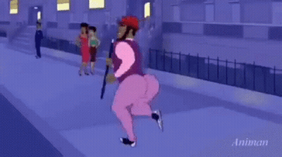 A Cartoon Character Is Walking Down A Street With A Cane While Two Women Look On . GIF