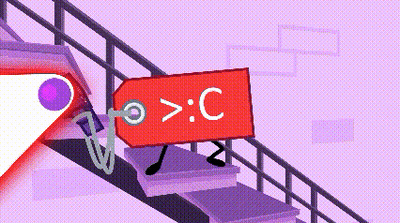 A Cartoon Character Is Walking Down Stairs With A Red Tag That Says > C GIF