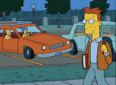 A Cartoon Character Is Walking Down The Street With A Book GIF