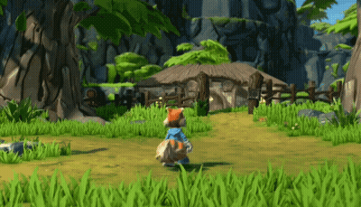 A Cartoon Character Is Walking Through A Grassy Field In A Video Game GIF
