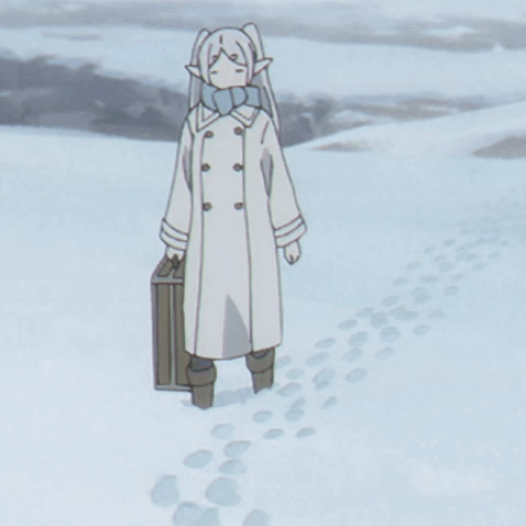 A Cartoon Character Is Walking Through The Snow Holding A Suitcase GIF