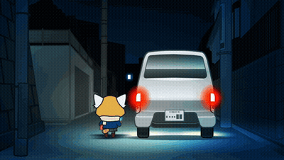 A Cartoon Character Is Walking Towards A White Van With A License Plate That Says ' A ' On It GIF