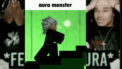 A Cartoon Character Is Walking Up A Set Of Stairs With Aura Monster Written On The Top GIF