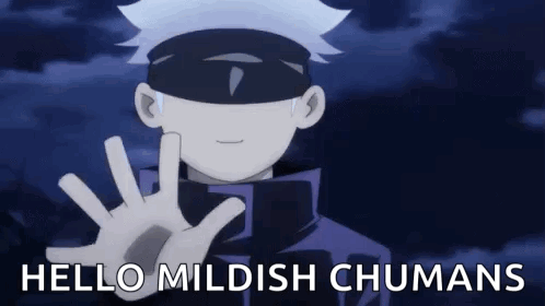 A Cartoon Character Is Waving At The Camera With The Words `` Hello Mildish Chumans '' Written Below Him . GIF