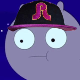 A Cartoon Character Is Wearing A Black Hat With A Pink Letter R On It GIF