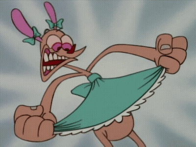 A Cartoon Character Is Wearing A Blue Dress And A Pink Bow GIF