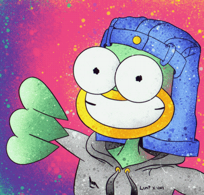 A Cartoon Character Is Wearing A Blue Hat And A Hoodie That Says Limp X Umi GIF