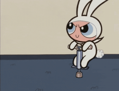 A Cartoon Character Is Wearing A Bunny Costume And Riding A Pogo Stick GIF