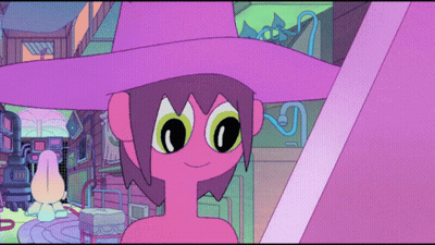 A Cartoon Character Is Wearing A Purple Hat And Has Green Eyes GIF