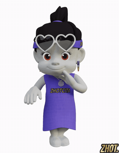 A Cartoon Character Is Wearing A Purple Shirt That Says ' Zhotcita ' On It GIF