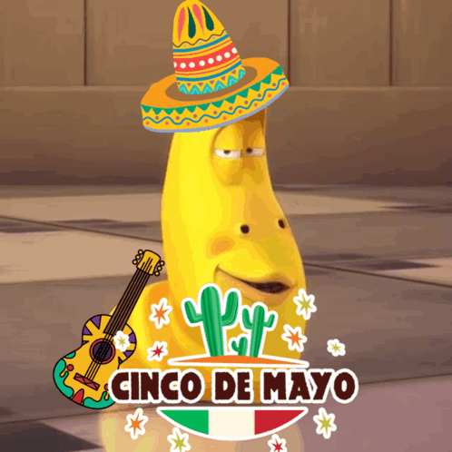 A Cartoon Character Is Wearing A Sombrero And Holding A Guitar With The Words Cinco De Mayo Below It GIF