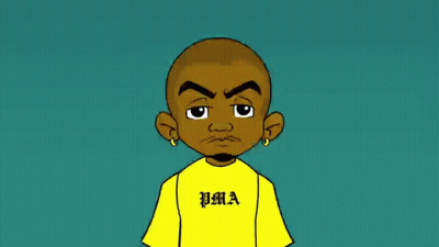 a cartoon character is wearing a yellow shirt that says pma on it