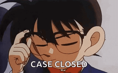 A Cartoon Character Is Wearing Glasses And Has The Word Case Closed Written On His Forehead . GIF