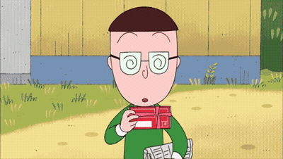 A Cartoon Character Is Wearing Glasses And Holding A Red Box With The Letter O On It GIF