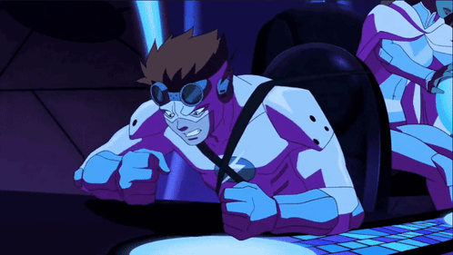 A Cartoon Character Is Wearing Goggles And A Purple And White Outfit GIF