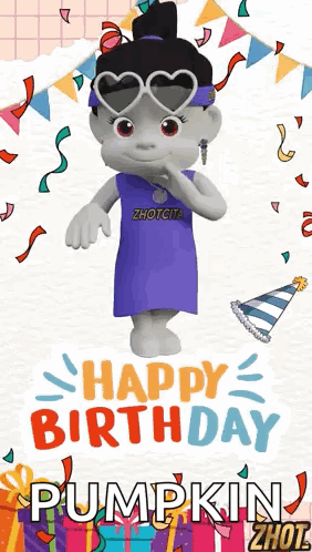 A Cartoon Character Is Wearing Sunglasses And A Purple Dress And Says Happy Birthday Pumpkin Zhot GIF
