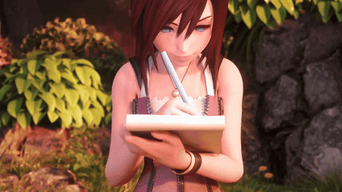 A Cartoon Character Is Writing In A Notebook With A Pen GIF