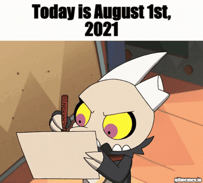 A Cartoon Character Is Writing On A Piece Of Paper That Says Today Is August 1St GIF
