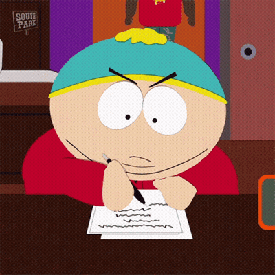 A Cartoon Character Is Writing On A Piece Of Paper With A South Park Sign In The Background GIF