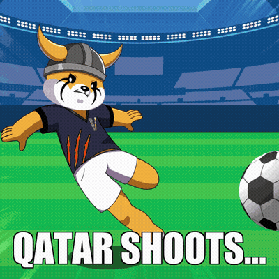A Cartoon Character Kicking A Soccer Ball With The Words Qatar Shoots Below Him GIF
