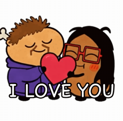 A Cartoon Character Kissing Another Character On The Cheek With The Words I Love You GIF