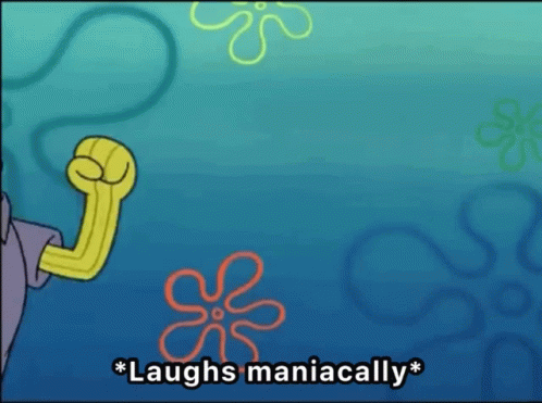A Cartoon Character Laughs Maniacally In Front Of A Spongebob Background GIF