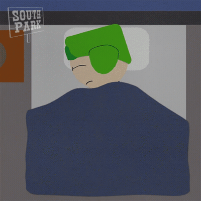 A Cartoon Character Laying In Bed With A Sign That Says South Park GIF