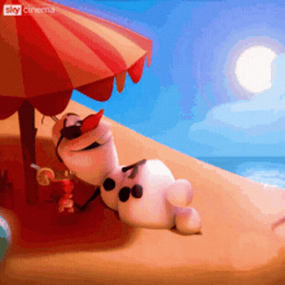 A Cartoon Character Laying On A Beach Under An Umbrella With Sky Cinema Written On The Bottom Right GIF