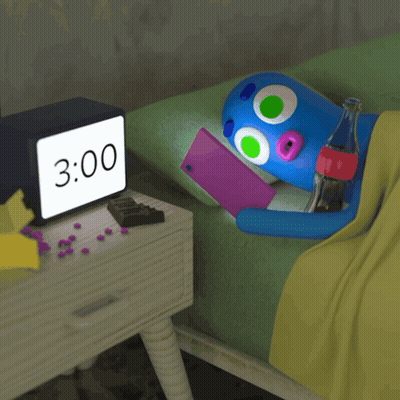 A Cartoon Character Laying On A Bed With A Clock That Says 3:00 GIF
