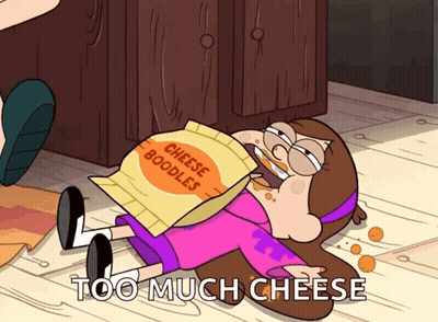 A Cartoon Character Laying On The Floor With A Bag Of Cheese Noodles GIF