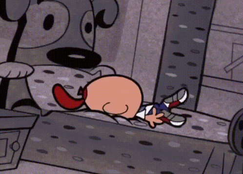 A Cartoon Character Laying On The Ground With A Dog Behind Him GIF