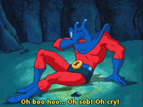 A Cartoon Character Laying On The Ground With The Words Oh Boo Hoo Oh Sob Oh Cry Below Him GIF