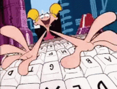 A Cartoon Character Laying On Top Of A Keyboard With The Letter G On It GIF