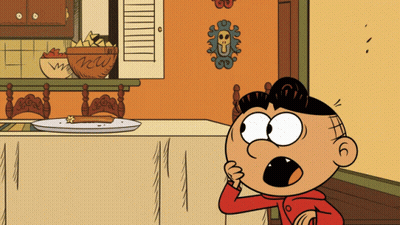 A Cartoon Character Looking At A Plate Of Food With A Skull On The Wall GIF