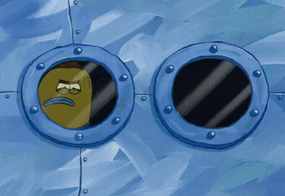 a cartoon character looking out of a window with a face on it