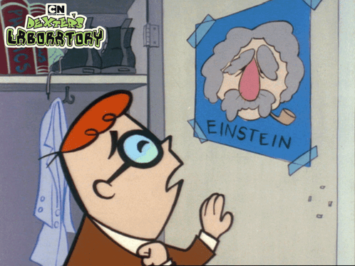 A Cartoon Character Looks At A Poster Of Einstein GIF