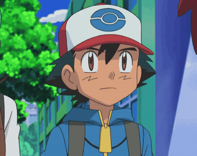 A Cartoon Character Named Ash Is Wearing A Hat With An O On It GIF