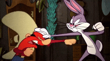 A Cartoon Character Named Bugs Bunny Is Fighting Another Cartoon Character GIF