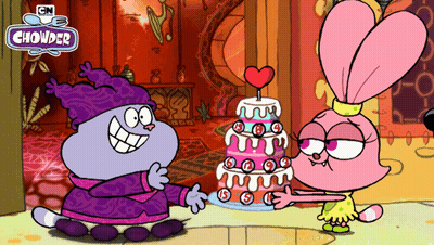 A Cartoon Character Named Chowder Is Standing Next To A Cake GIF