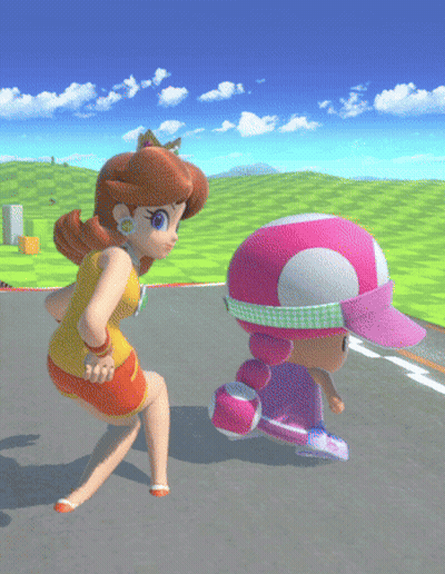 A Cartoon Character Named Daisy And A Cartoon Character Named Toad Are Running Down A Road GIF