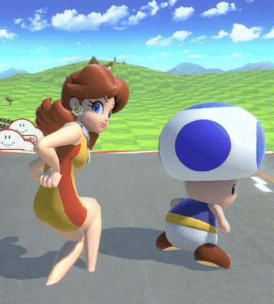 A Cartoon Character Named Daisy Is Standing Next To A Blue And White Toad GIF