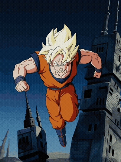 A Cartoon Character Named Goku Is Jumping Over A Building GIF