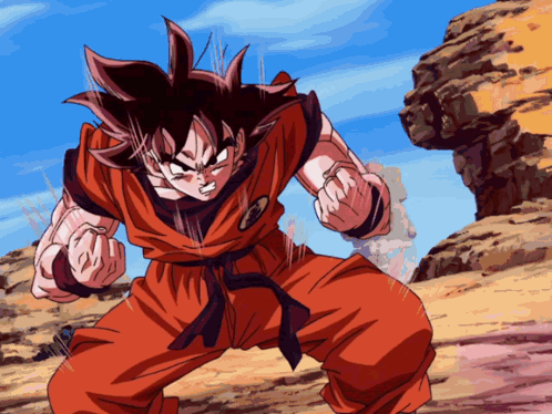 A Cartoon Character Named Goku Is Standing In Front Of A Cliff GIF