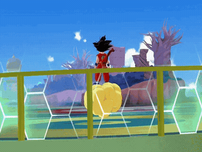 A Cartoon Character Named Goku Is Standing On A Cloud In Front Of A Fence GIF